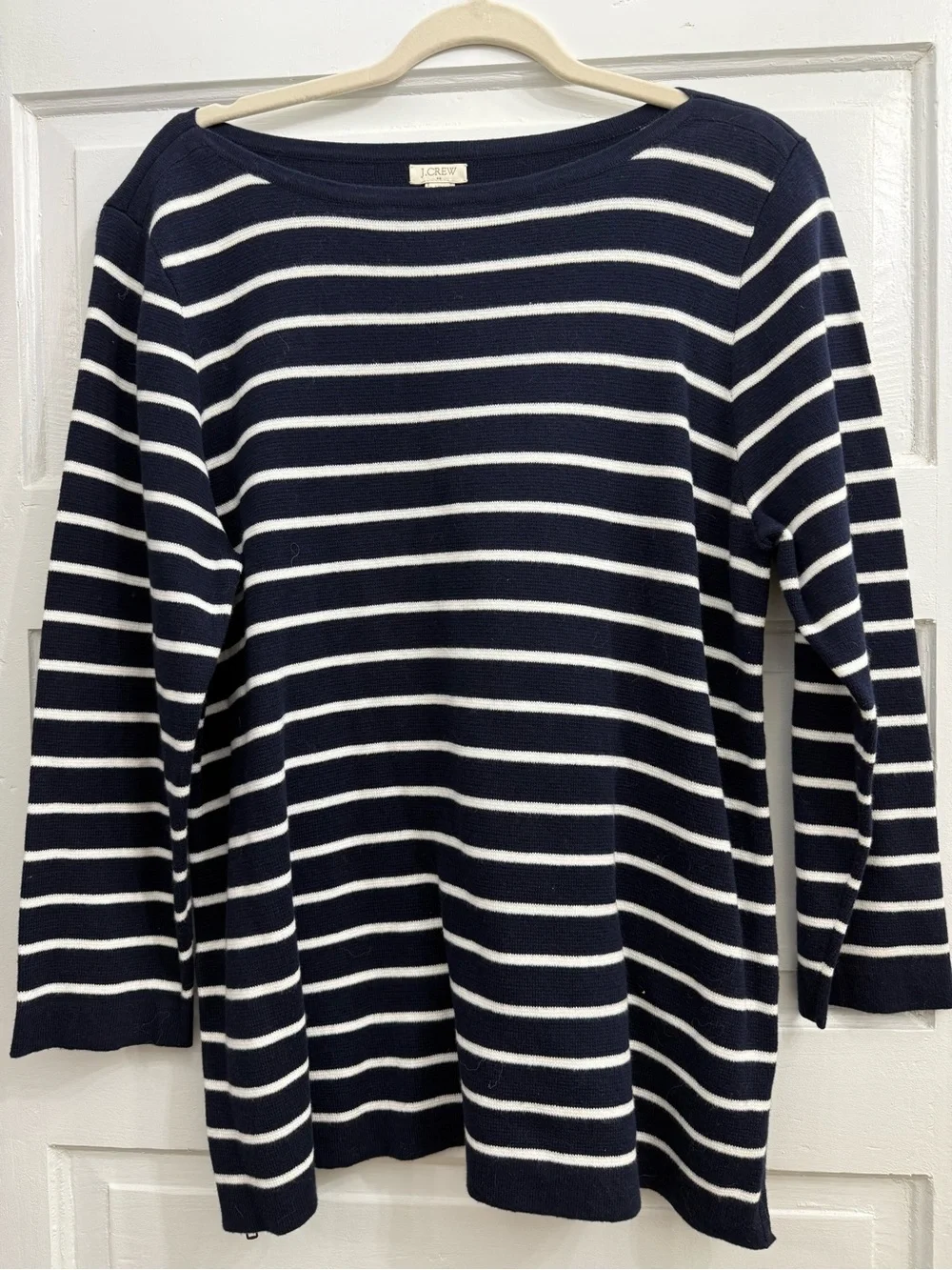 J. Crew Navy and White Striped Boatneck Long Sleeve Top